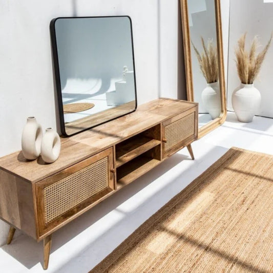Rattan 2 Doors TV Console (Solid Wood & Cane )