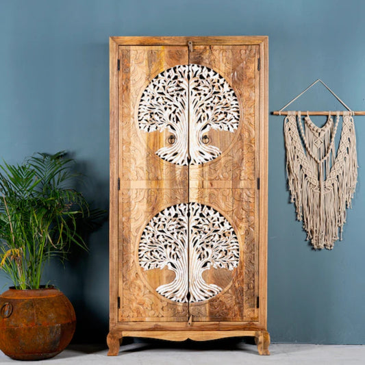 Hand Carved Mango Wood Wardrobe Tree Of Life