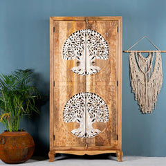 Hand Carved Mango Wood Wardrobe Tree Of Life