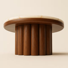 Round Walnut Finish Marble Top Coffee Table