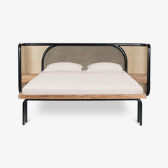 Tatvaacasa Modern Queen Bed with Cane Back & Metal Frame – Natural Wood Finish