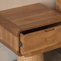 Tatvaacasa Solid Acacia Wood Bedside Table with Rattan Cane Webbing