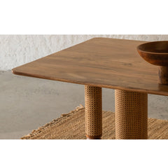 Tatvaacasa Handcrafted Solid Wood Dining Table with Rattan Wrapped Cylindrical Legs