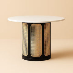 Marble and Cane Round Dining Table – 47” Modern Handmade Table