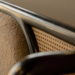 Tatvaacasa Modern Queen Bed with Cane Back & Metal Frame – Natural Wood Finish