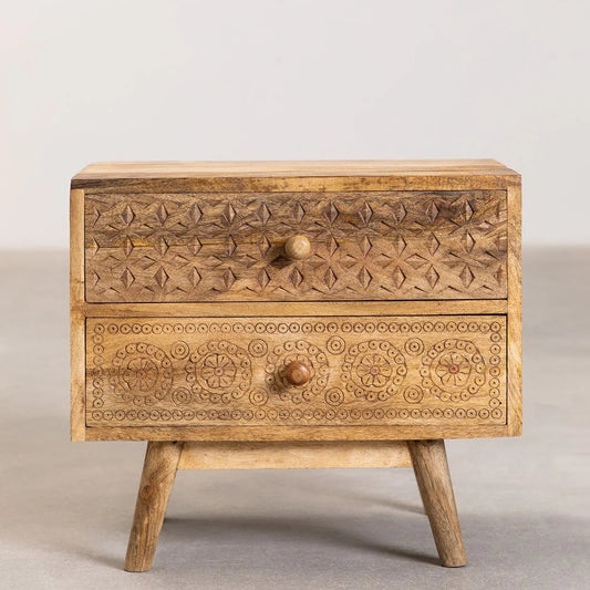 Mango Wood Carved Bed Side Table