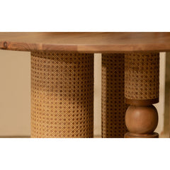 Tatvaacasa Handcrafted Solid Wood Dining Table with Rattan Wrapped Cylindrical Legs for Modern Dining Room