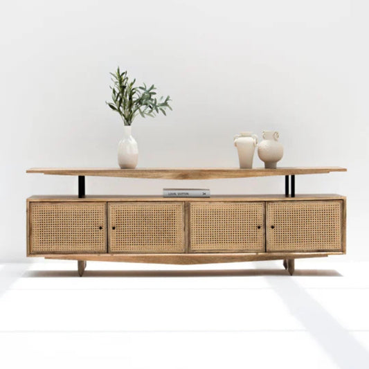 Tatvaacasa Cane Front Solid Wood TV Unit with Storage