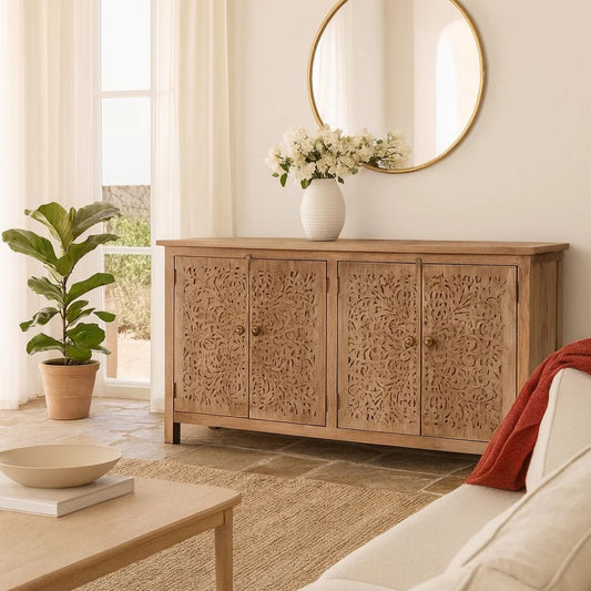 Carved Acacia Wood Sideboard Natural