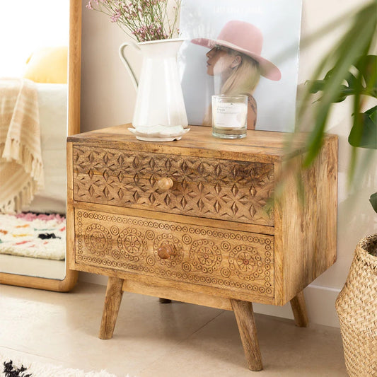 Mango Wood Carved Bed Side Table