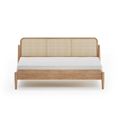Solid Wood Bed with Cane Webbing Headboard – Natural Finish Wooden Double Bed for Bedroom