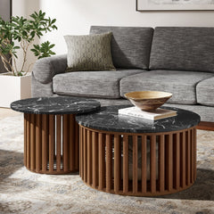 Round Marble Top Nesting Coffee Table Set in Walnut Black