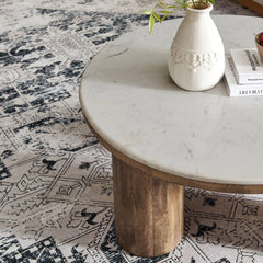 Tatvaacasa 33" Round Wood Coffee Table With Marble Top in Walnut
