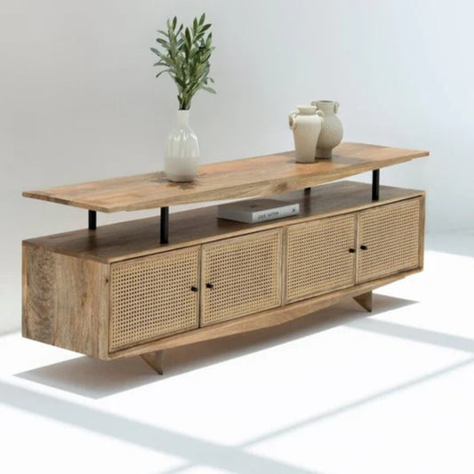 Tatvaacasa Cane Front Solid Wood TV Unit with Storage
