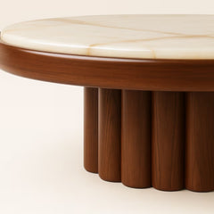 Round Walnut Finish Marble Top Coffee Table