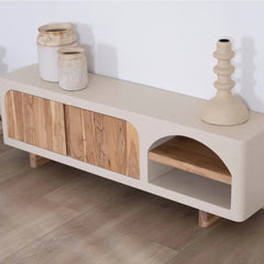 Tatvaacasa Contemporary Wooden TV Unit with Curved Design & Storage