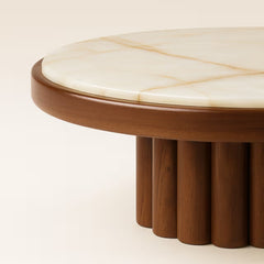 Round Walnut Finish Marble Top Coffee Table