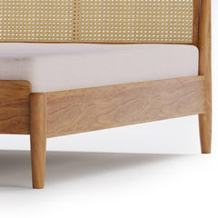 Solid Wood Bed with Cane Webbing Headboard – Natural Finish Wooden Double Bed for Bedroom