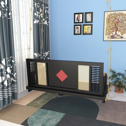 Black Wooden Swing with Artistic Tile Inlay