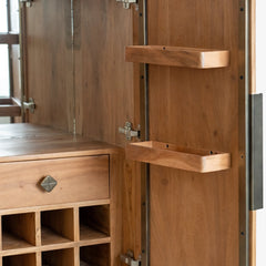 Tatvaacasa Geometric Pattern Wooden Bar Cabinet with Metal Stand – Natural Finish