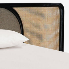 Tatvaacasa Modern Queen Bed with Cane Back & Metal Frame – Natural Wood Finish