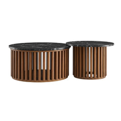 Round Marble Top Nesting Coffee Table Set in Walnut Black