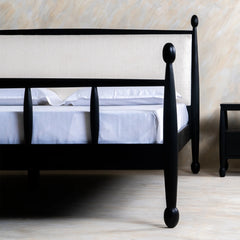Solid Wood Bed with Upholstered Headboard | Modern Wooden Bed Frame for Bedroom