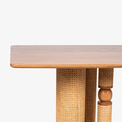 Tatvaacasa Handcrafted Solid Wood Dining Table with Rattan Wrapped Cylindrical Legs