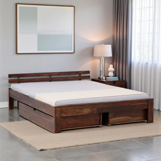 Sheesham Wood Queen Size Bed With Storage Drawers