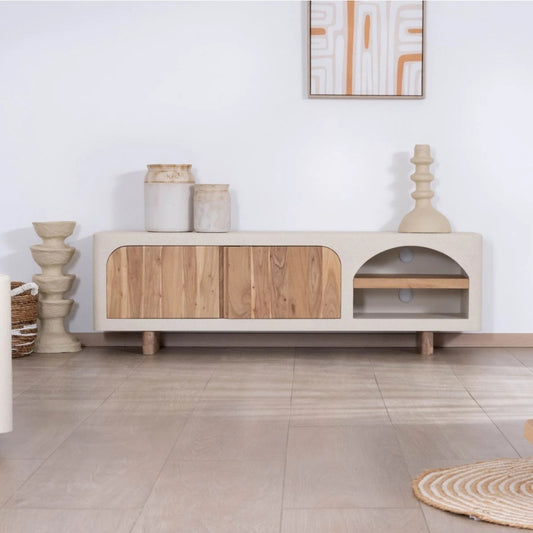 Tatvaacasa Contemporary Wooden TV Unit with Curved Design & Storage