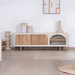 Tatvaacasa Contemporary Wooden TV Unit with Curved Design & Storage