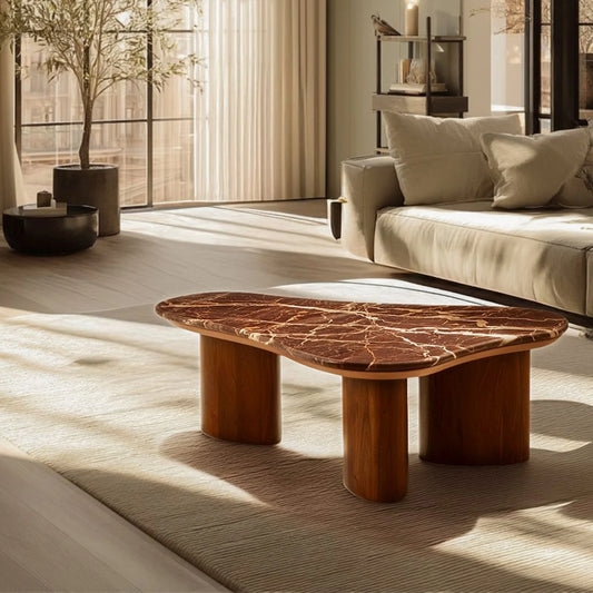 Noto Wooden Coffee Table with Brown Marble Top for Living Room