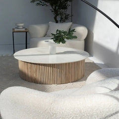 Tatvaacasa Wooden Round Marble Top Coffee Table