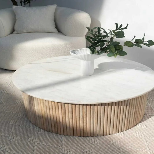 Tatvaacasa Wooden Round Marble Top Coffee Table