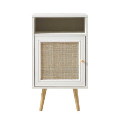 Nordic Woven Rattan 1-Door Bedside Table in White