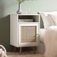 Nordic Woven Rattan 1-Door Bedside Table in White