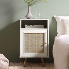 Nordic Woven Rattan 1-Door Bedside Table in White