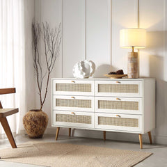 Nordic Woven Rattan Chest of 6 Drawers, White