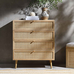 Nordic Woven Rattan Tall Chest of 4 Drawers, White