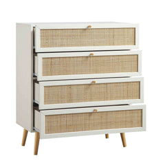 Nordic Woven Rattan Tall Chest of 4 Drawers, White