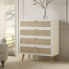 Nordic Woven Rattan Tall Chest of 4 Drawers, White