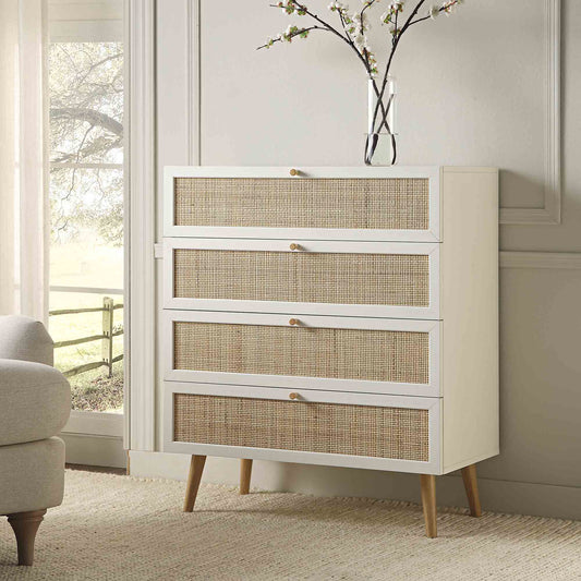 Nordic Woven Rattan Tall Chest of 4 Drawers, White