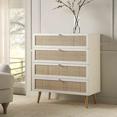 Nordic Woven Rattan Tall Chest of 4 Drawers, White