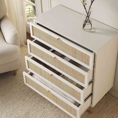 Nordic Woven Rattan Tall Chest of 4 Drawers, White