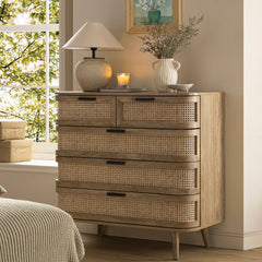 Regal Curved Rattan Chest of 5 Drawers, Natural