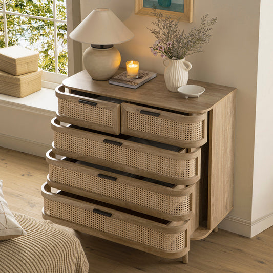 Regal Curved Rattan Chest of 5 Drawers, Natural