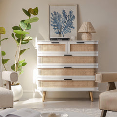 Regal Curved Rattan Chest of 5 Drawers, Natural
