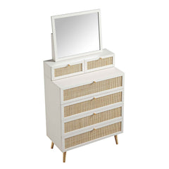 Nordic Woven Rattan Tall Vanity Chest with Mirror, White