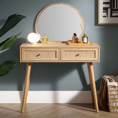 Nordic Woven Rattan Dressing Table with Mirror, White