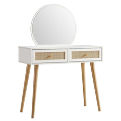Nordic Woven Rattan Dressing Table with Mirror, White